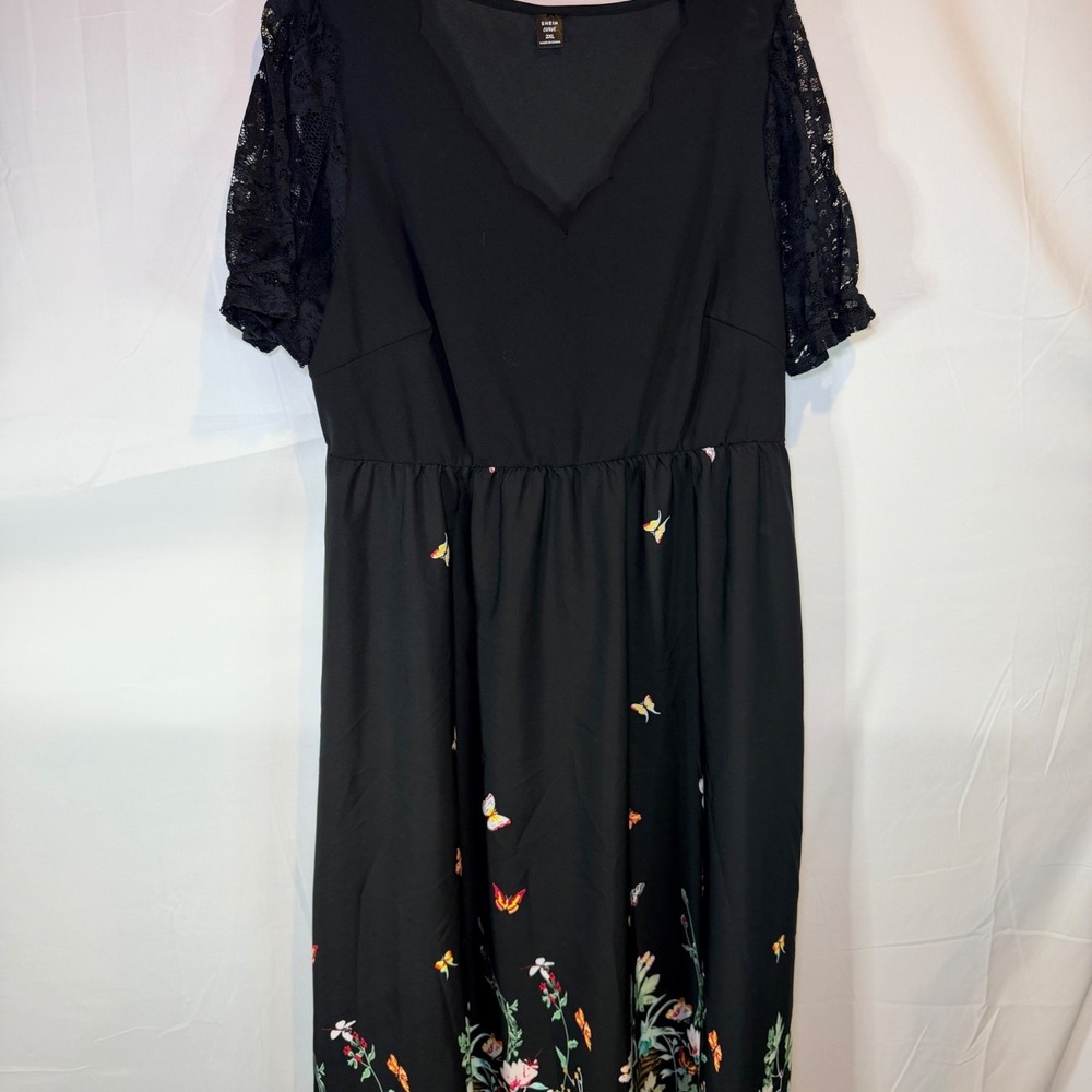 SHEIN CURVE Women's Black Multi 2XL Lace Sleeve Floral Butterfly Print Maxi